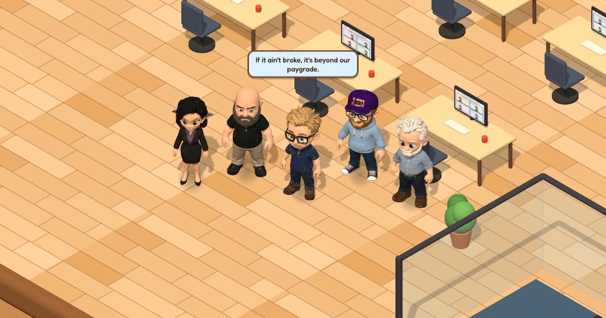 Petey, Stan, Chard, Gene and the Shark Lady Boss standing together in an isometric office