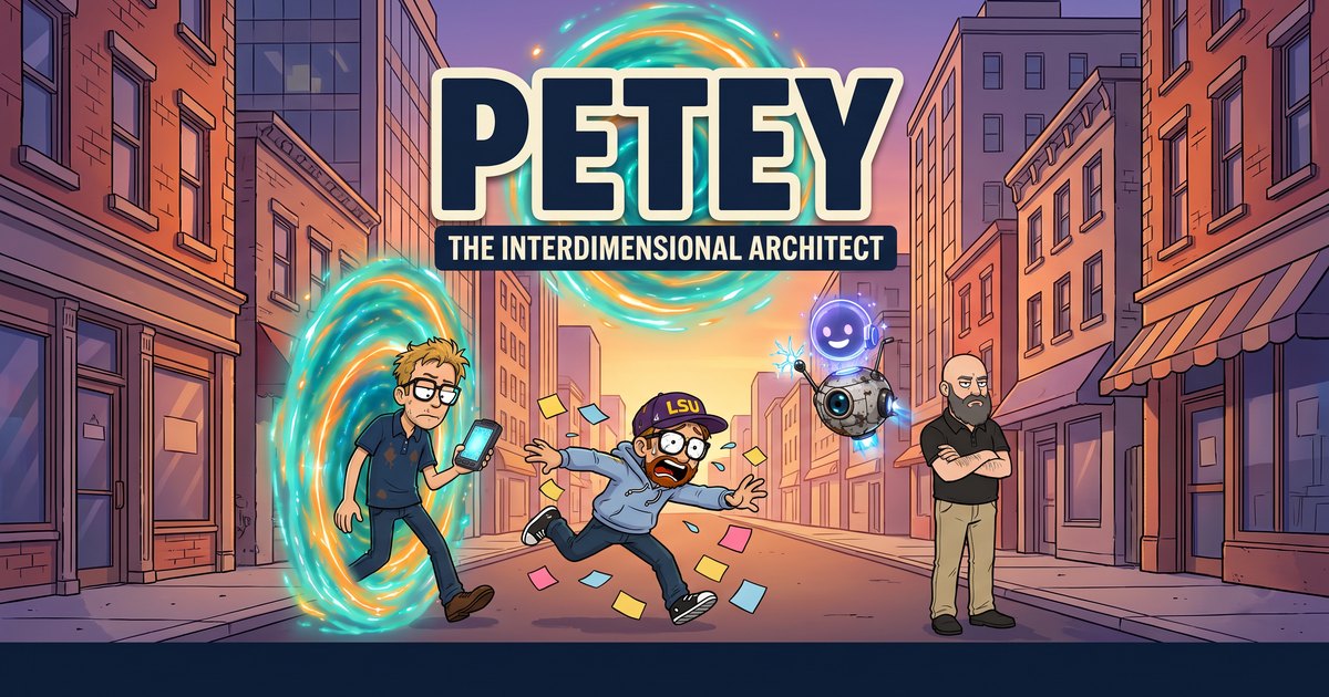 Petey stepping out of a swirling portal onto a city street, with Stan tumbling out behind him, Chard unimpressed and Synthia hovering above